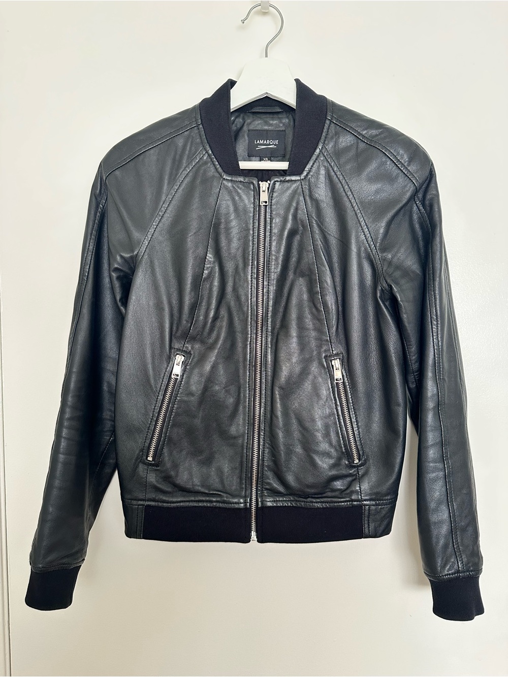 Lamarque Black Leather Bomber with Silver Zippers